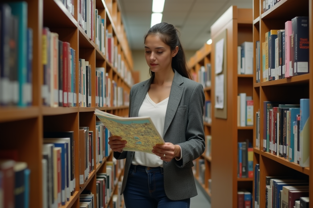 Jeune femme en bibliothèque universitaire consulte une carte