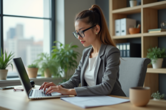 Jeune femme professionnelle travaillant sur un ordinateur portable dans un bureau moderne