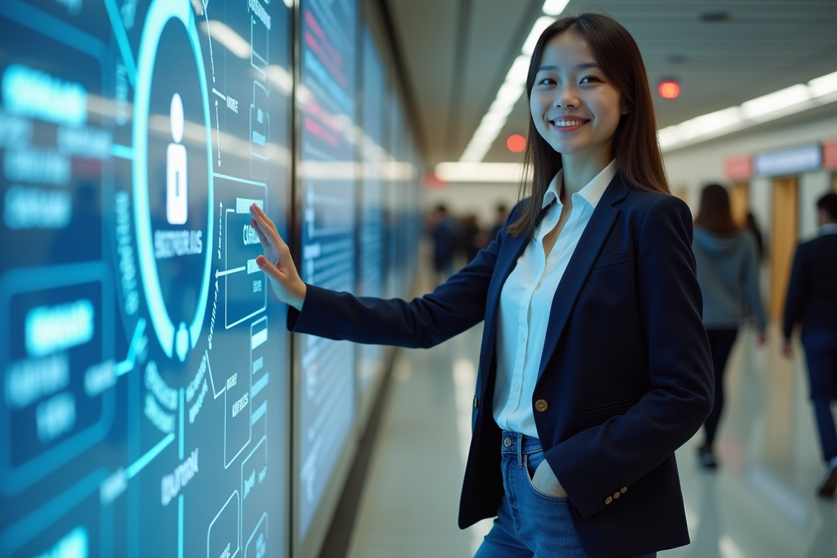 Jeune femme debout devant un écran de cybersécurité dans un couloir