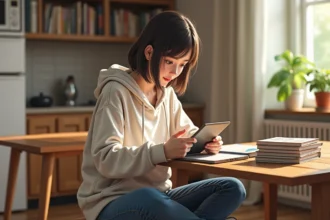 Jeune femme lisant des scanlations de yaoi sur une tablette dans une cuisine cosy