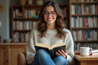 Jeune femme lisant un livre d'histoire française dans la cuisine