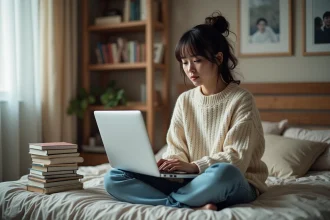 Jeune femme lisant manga sur son ordinateur dans une chambre cosy