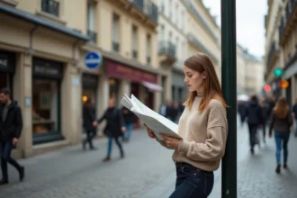 Jeune femme lisant une carte dans une rue parisienne