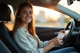 Jeune femme souriante avec permis de conduire dans la voiture