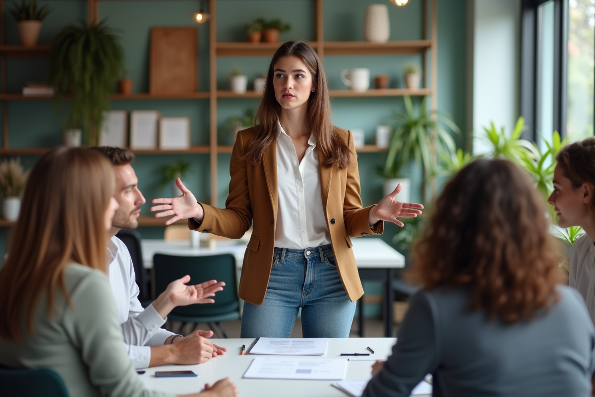 Jeune femme professionnelle présentant un moodboard en réunion