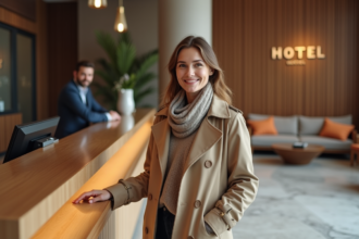 Jeune femme souriante à la réception d'hôtel moderne