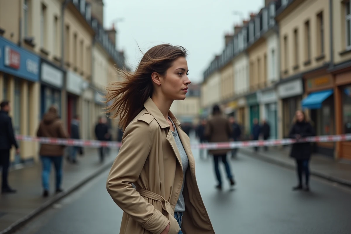 Jeune femme en trench marche dans une rue de Caen