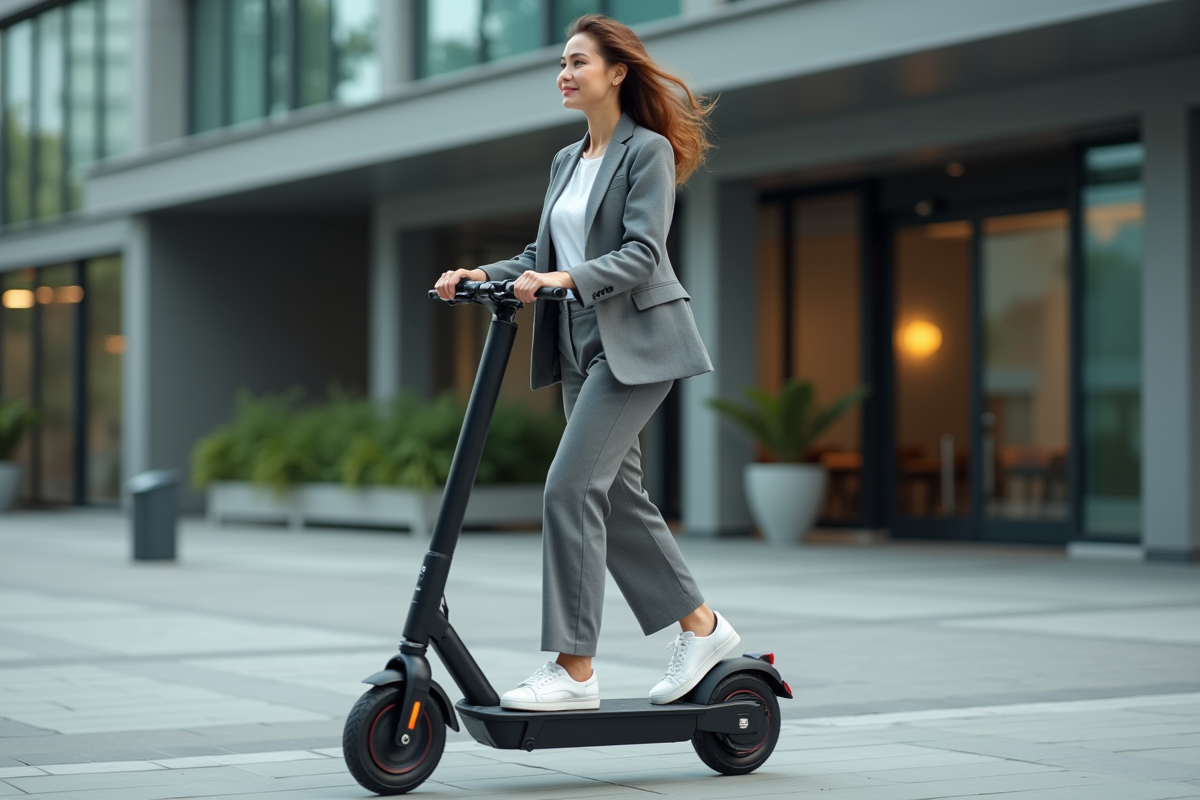 Jeune femme en costume urbain roulant en scooter électrique