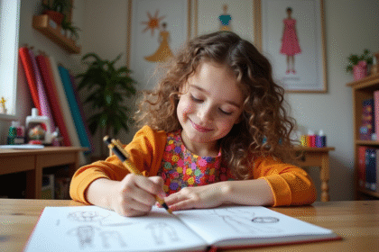 Jeune fille de 7 ans esquissant ses idées de mode dans un studio lumineux