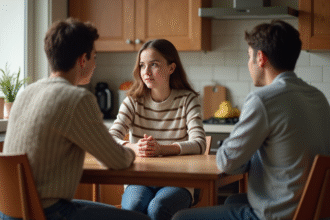 Jeune fille discutant avec ses parents à la cuisine