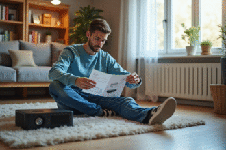Jeune homme en casual assemble un projecteur dans un salon
