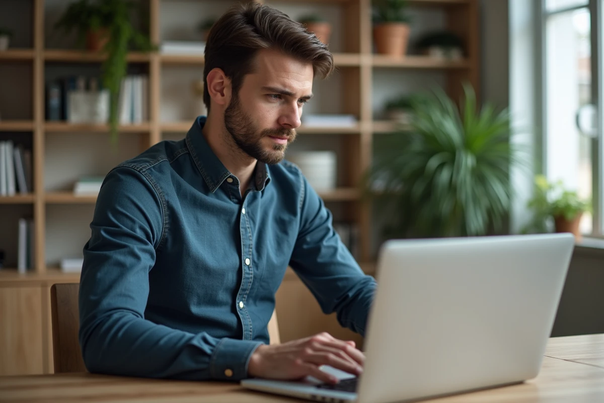 Jeune homme au bureau regardant son ordinateur portable