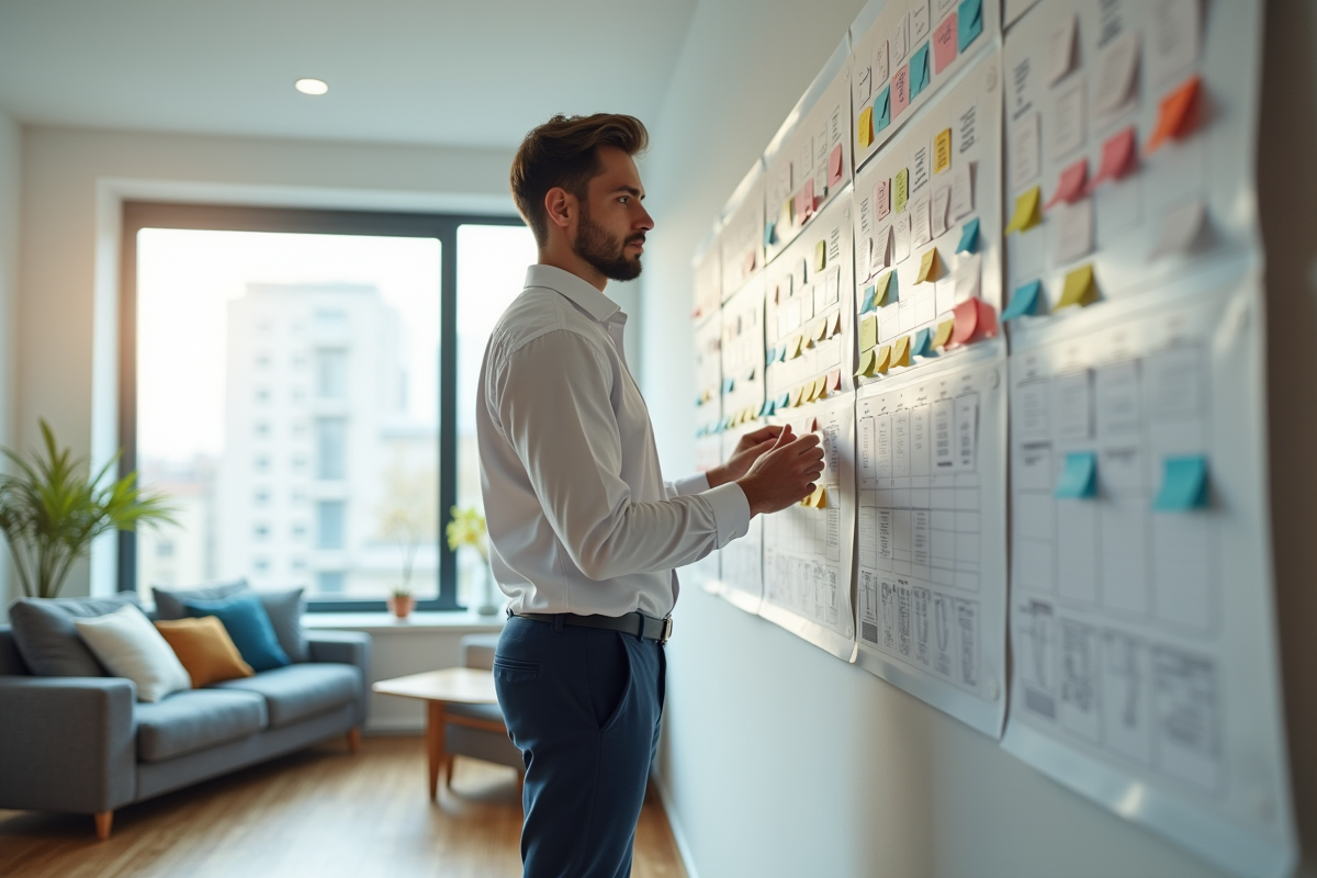 Jeune homme collant des notes colorées sur un calendrier mural