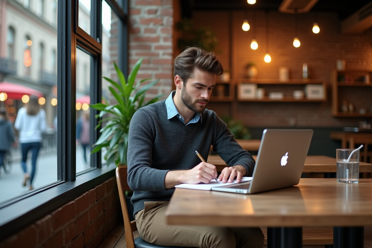 Jeune homme créatif esquissant dans un café cosy