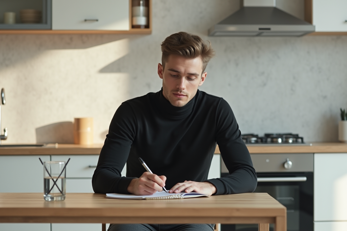 Jeune homme écrivant dans un carnet dans une cuisine moderne lumineuse