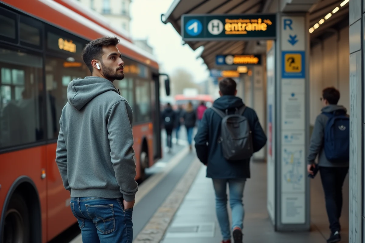 Jeune homme sortant d’un bus à Paris avec station metro en arrière-plan