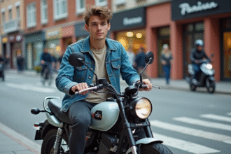Jeune homme en denim sur une moto en ville