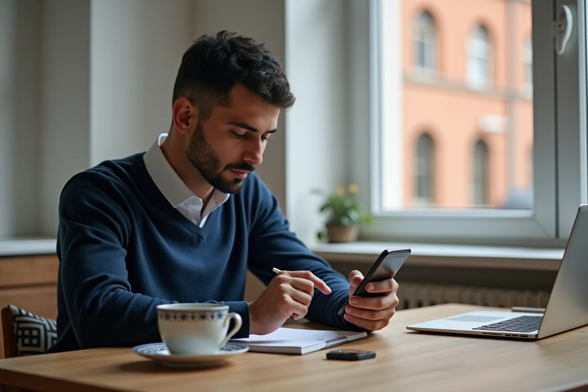 Jeune homme nord-africain vérifiant horaires de prière sur smartphone