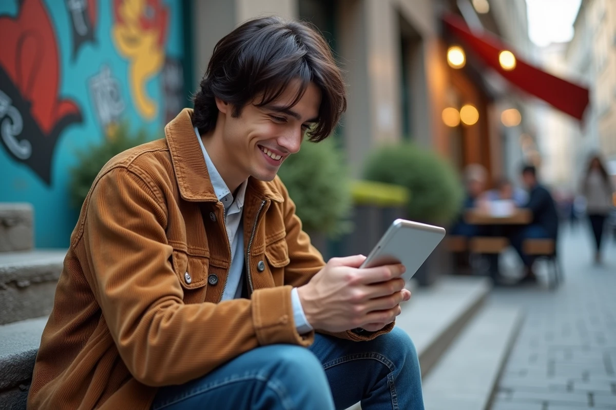 Jeune homme regardant des sites culturels sur une tablette en ville