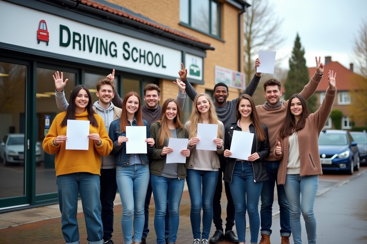 Groupe de jeunes devant une auto ecole celebrant leur permis