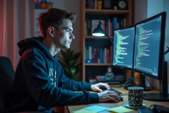 Joueur et développeur passionné cherchant des récompenses rares sur Code Ninja Time devant son setup informatique