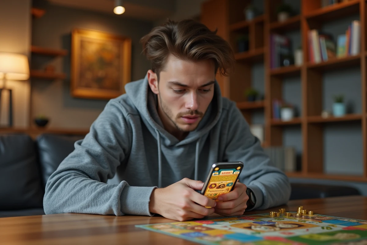 Joueur de Monopoly GO regardant son smartphone avec attention pour trouver un lien magnat fiable