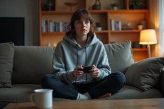 Joueuse concentrée tenant une manette de jeu vidéo dans un salon cosy, illustrant la durée de jeu de Split Fiction