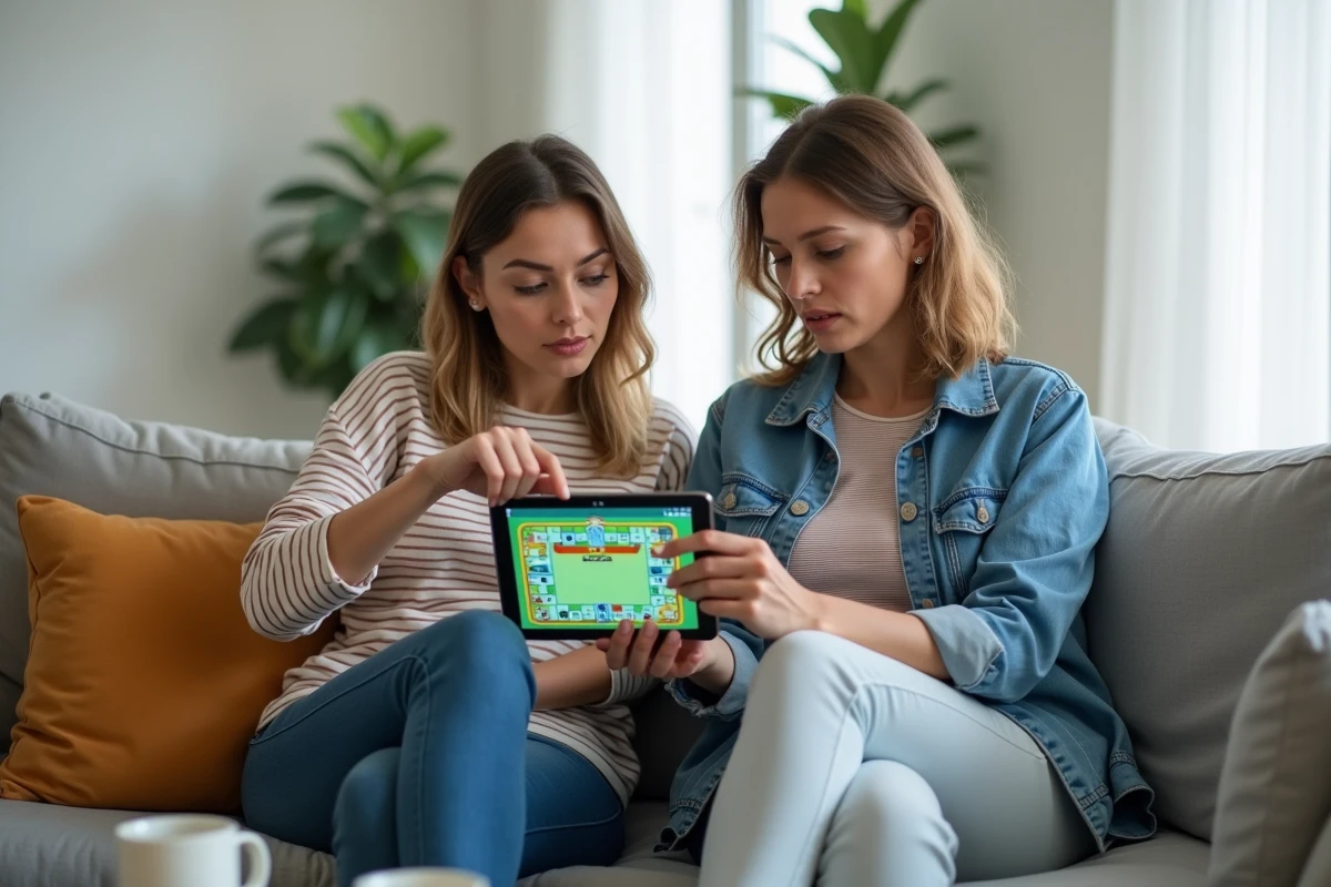 Deux joueuses consultant un lien Monopoly GO magnat sur tablette dans un salon moderne