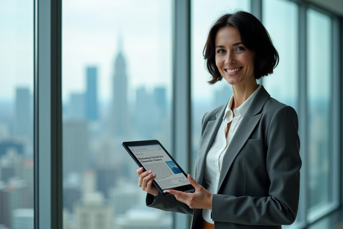 Journaliste économique féminine tenant une tablette numérique devant une grande baie vitrée avec vue sur la skyline urbaine contemporaine
