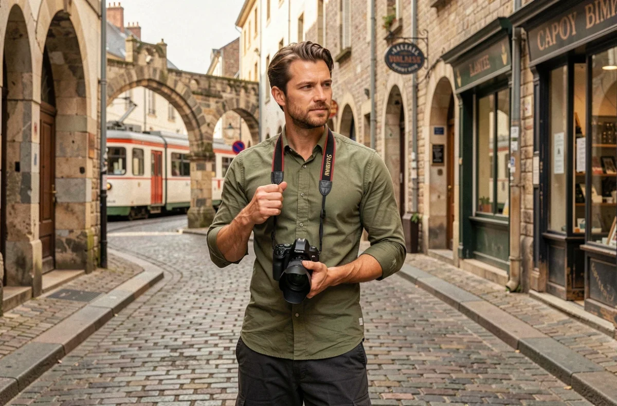 Photographe et vidéaste masculin dans le quartier historique de Nantes avec deux appareils photo pour Kévin Robic