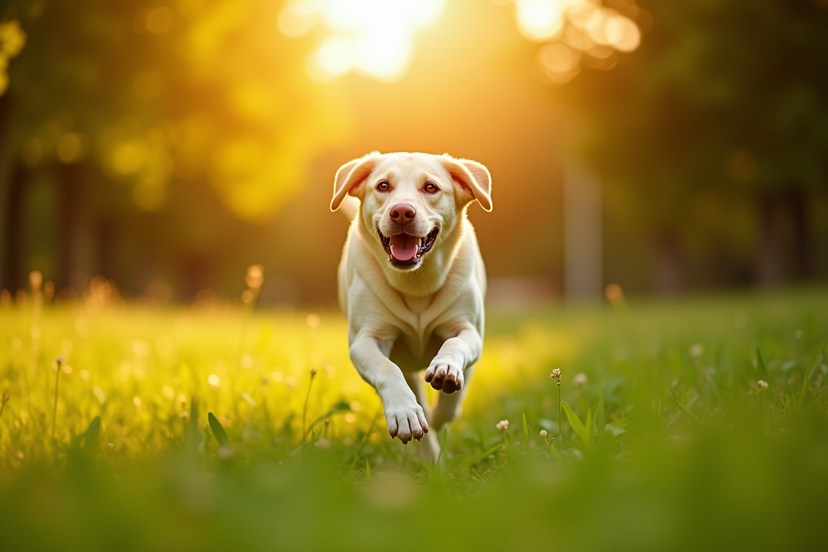Labrador courant dans un parc vert en fin d