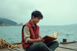 Jeune homme lisant un manga One Piece assis sur un quai en bois face à l'océan, évoquant l'univers du scan 1141
