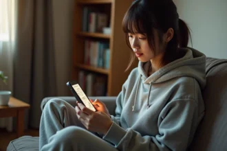 Jeune femme lisant des scans de manga sur smartphone dans un salon confortable