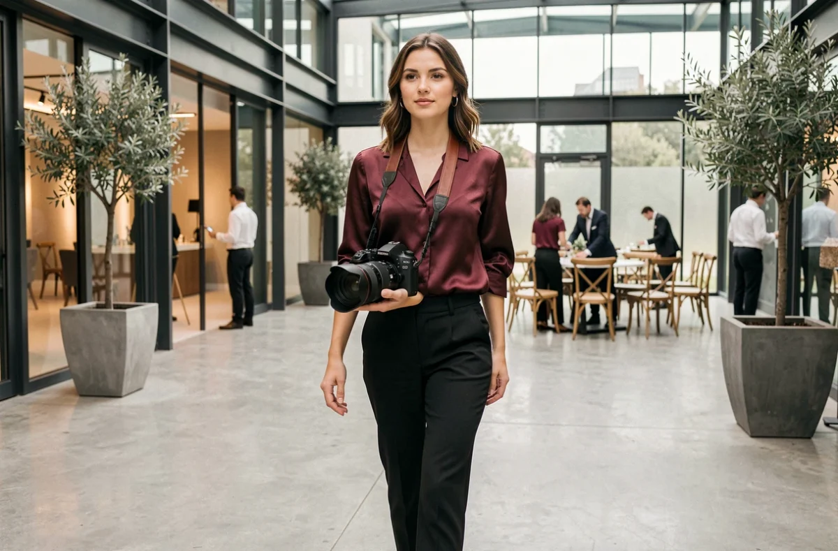 Photographe et vidéaste événementielle féminine dans un atrium de salle événementielle moderne pour Léonie Allard