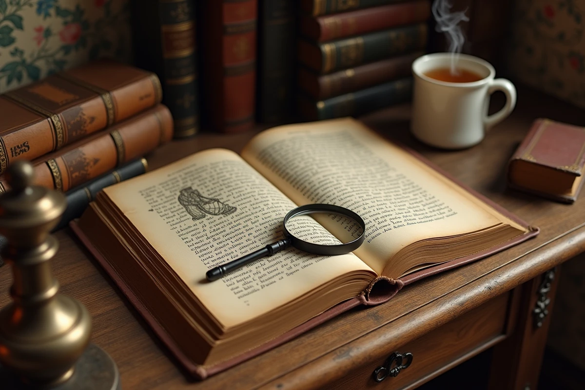 Livre ouvert en grand format avec texte simplifié de Cendrillon de Perrault posé sur un bureau en bois, avec une loupe et une illustration de pantoufle de verre