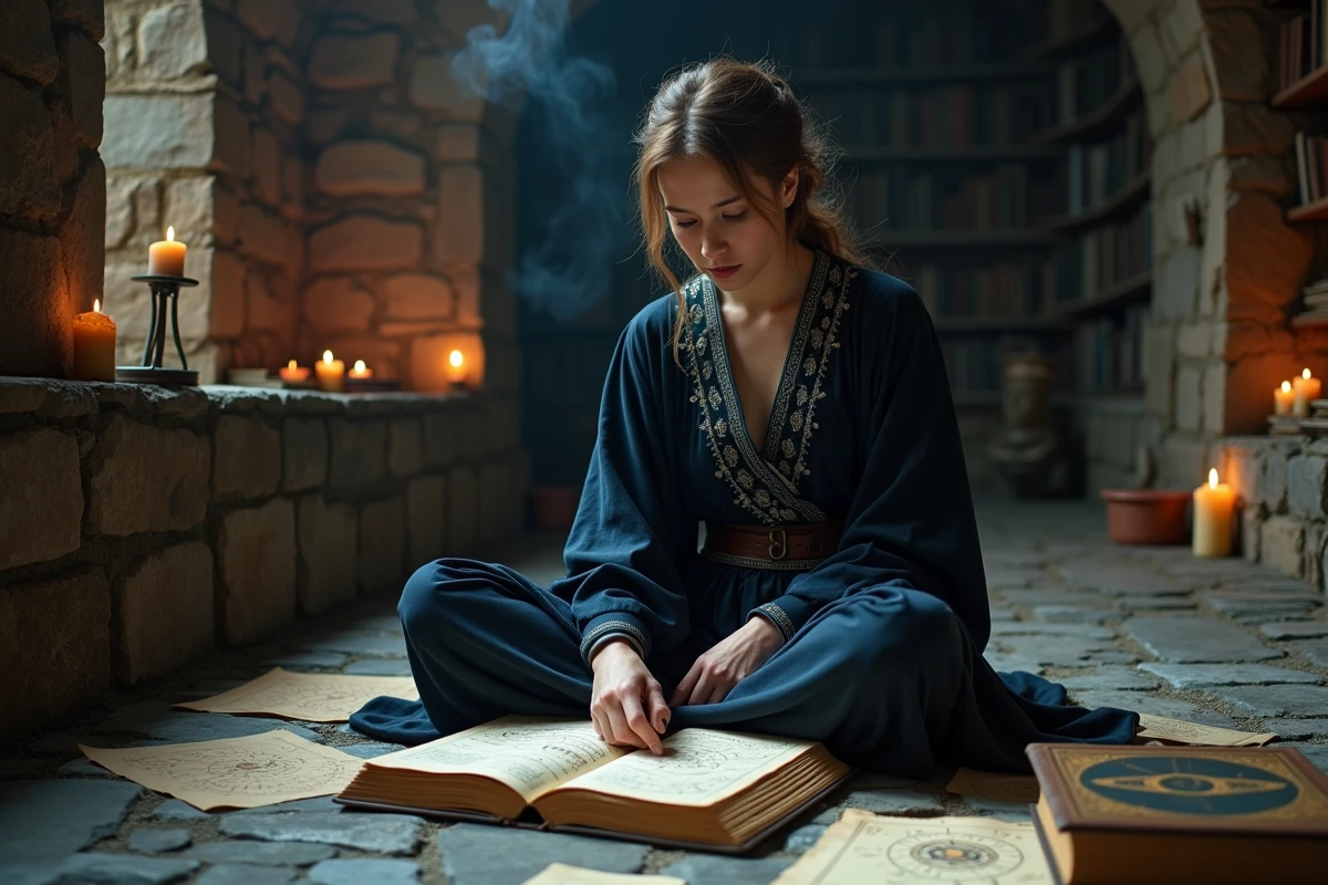 Jeune femme en robe sombre étudiant des grimoires et des cartes astrologiques dans une chambre de pierre évoquant la hiérarchie des lunes démoniaques