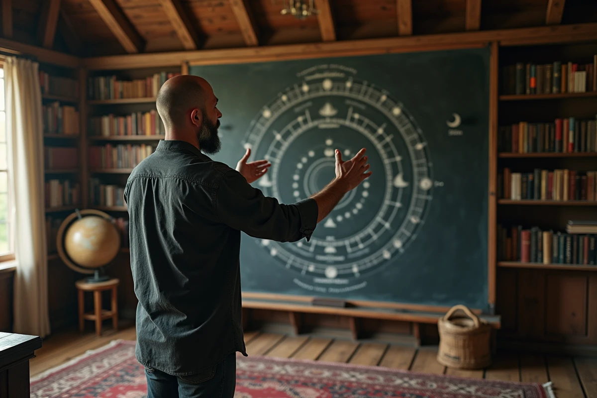 Homme expliquant la hiérarchie des lunes démoniaques devant un tableau de diagrammes circulaires dans un bureau aux allures académiques