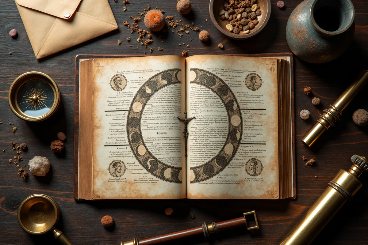 Vue de dessus d'un espace de recherche avec manuscrit illustré de lunes démoniaques, sphères de cristal et instruments astronomiques anciens sur une table en noyer