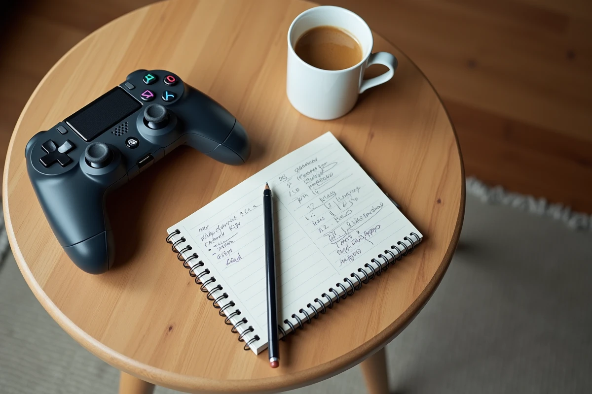 Manette de jeu posée près d'un carnet de notes manuscrites et d'un café, symbolisant l'analyse du temps de jeu de Split Fiction