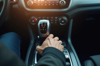 Main du conducteur sur levier automatique dans une voiture moderne