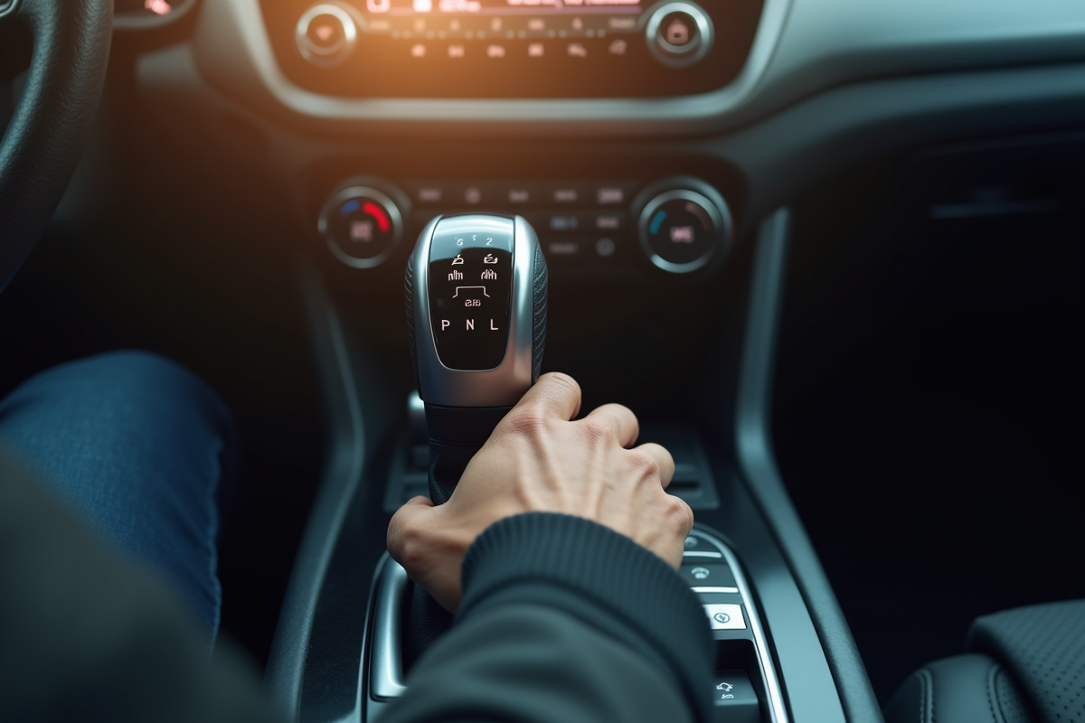 Main du conducteur sur levier automatique dans une voiture moderne