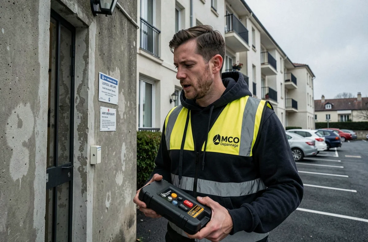 Technicien de MCO Depannage intervenant en urgence à l'entrée d'un immeuble résidentiel dans le Loiret