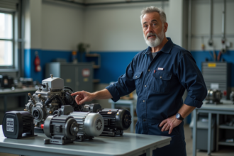 Mécanicien homme en atelier expliquant moteurs automobiles