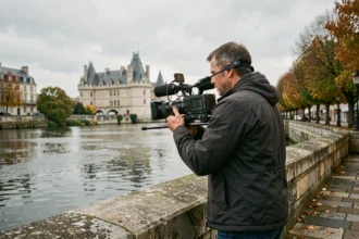 Vidéaste professionnel filmant en extérieur sur les quais de la Loire à Nantes avec le château en arrière-plan
