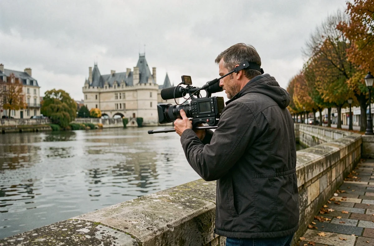 Vidéaste professionnel filmant en extérieur sur les quais de la Loire à Nantes avec le château en arrière-plan