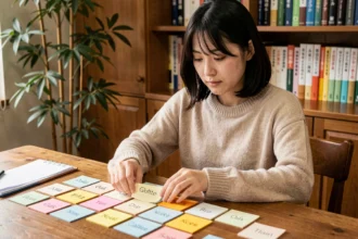 Jeune femme japonaise mémorisant les volcans du Japon avec des fiches mnémotechniques en trois lettres posées sur un bureau en bois