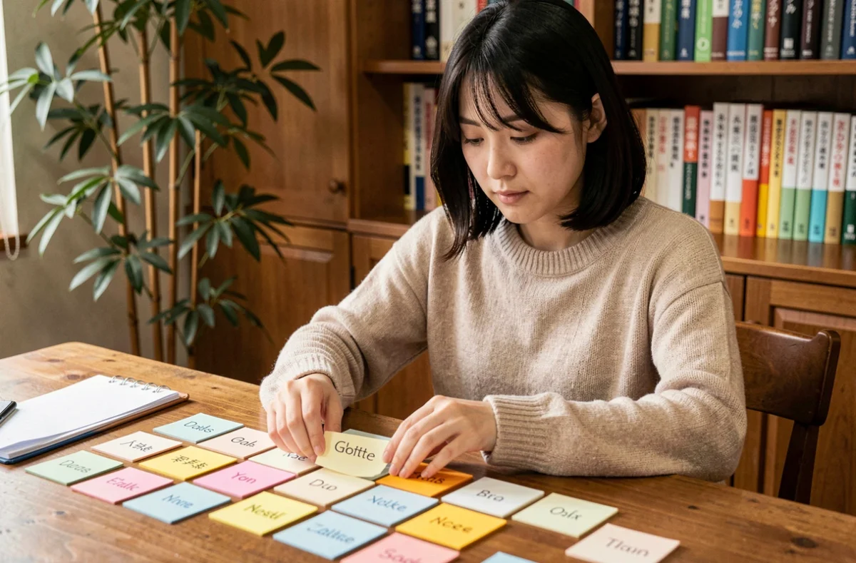 Jeune femme japonaise mémorisant les volcans du Japon avec des fiches mnémotechniques en trois lettres posées sur un bureau en bois