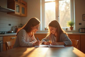 Mère aidant sa fille à faire ses devoirs à la maison