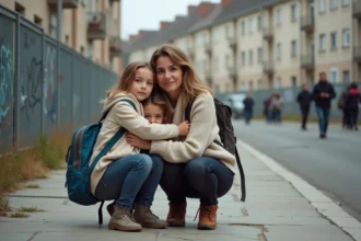 Mère protégeant ses enfants dans une cité sensible de banlieue française, ambiance urbaine réaliste