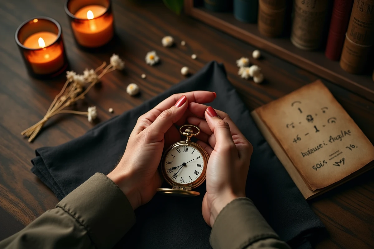 Mains tenant une montre de poche ancienne ouverte à 15h55 sur un fond de velours sombre avec fleurs séchées, évoquant la symbolique de l'heure miroir